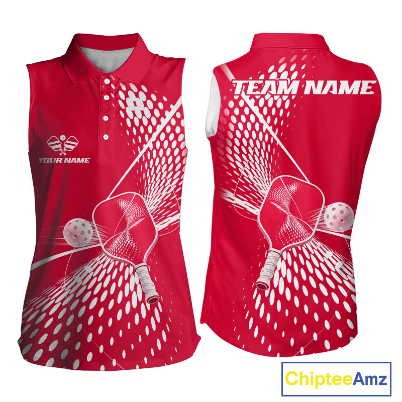 Custom Red And White Sleeveless Polo Pickleball Shirt For Women Pickleball Tournament Shirts Team Uniform NYN4104