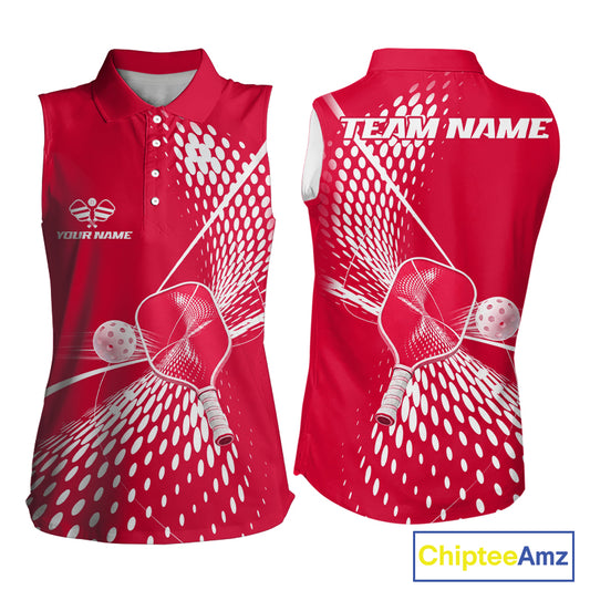 Custom Red And White Sleeveless Polo Pickleball Shirt For Women Pickleball Tournament Shirts Team Uniform NYN4104