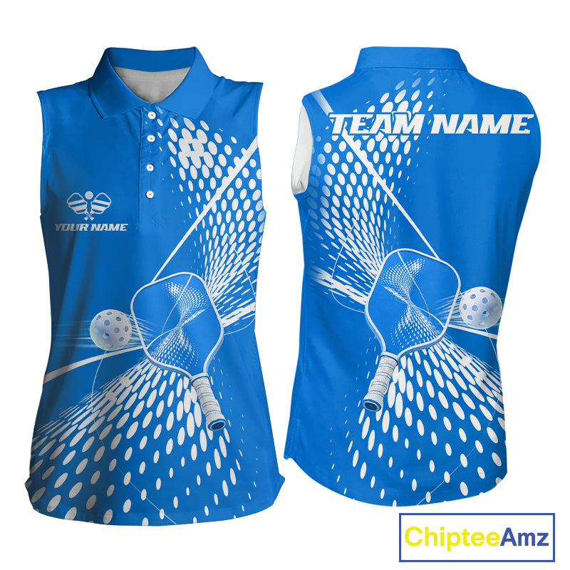 Custom Blue And White Sleeveless Polo Pickleball Shirt For Women Pickleball Tournament Shirts Team Uniform NYN4105