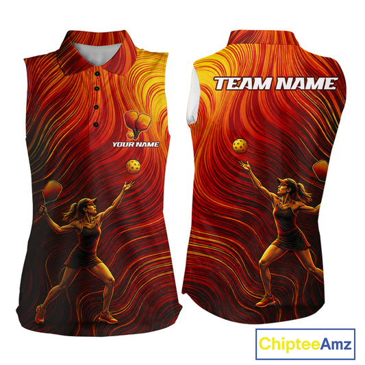 Custom Orange Swirling Wave Sleeveless Polo Pickleball Shirt For Women Personalized Name Pickleball Team Jersey NYN4118
