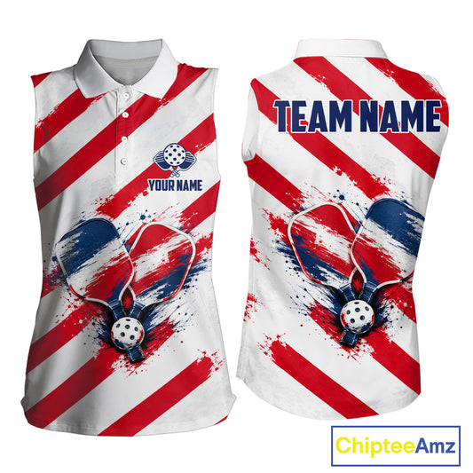 Custom Womens Sleeveless Polo Pickleball Shirt Red , Blue & White Splatter Pickleball Tournament Team Shirt NYN4119