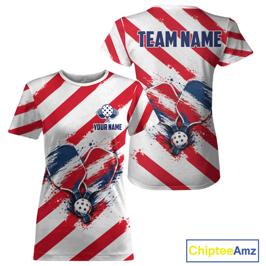 Custom Womens Pickleball Shirt Red , Blue & White Splatter Pickleball Tournament Team Shirt NYN4119