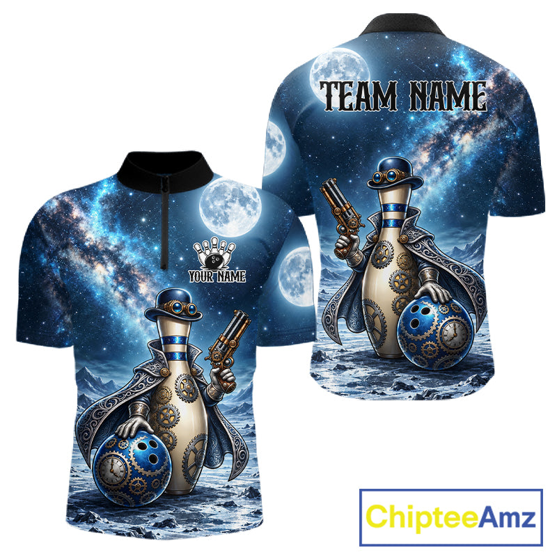 Custom Bowling Polo 1/4-Zip Shirt For Men Gunslinger Bowling Pin & Ball Vintage Bowler Team Jersey NYN4500