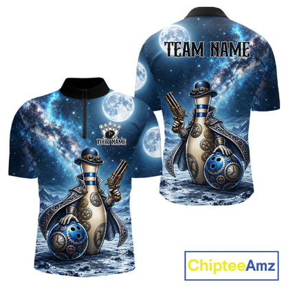Custom Bowling Polo 1/4-Zip Shirt For Men Gunslinger Bowling Pin & Ball Vintage Bowler Team Jersey NYN4500