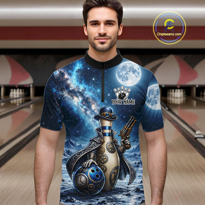 Custom Bowling Polo 1/4-Zip Shirt For Men Gunslinger Bowling Pin & Ball Vintage Bowler Team Jersey NYN4500