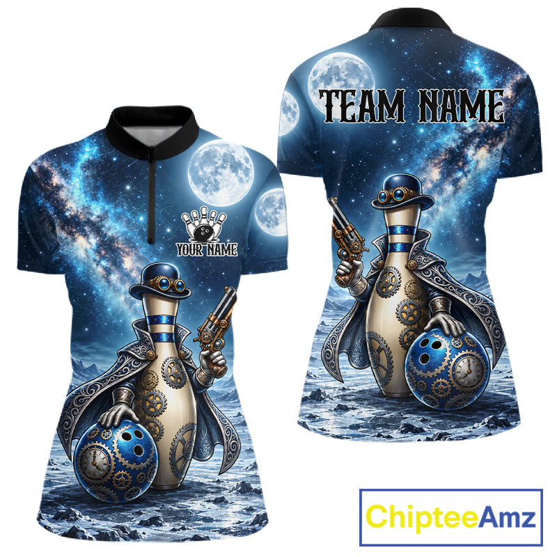 Custom Bowling Polo 1/4-Zip Shirt For Men Gunslinger Bowling Pin & Ball Vintage Bowler Team Jersey NYN4500