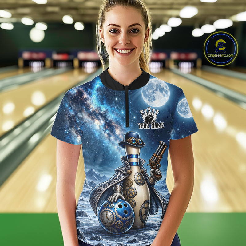 Custom Bowling Polo 1/4-Zip Shirt For Men Gunslinger Bowling Pin & Ball Vintage Bowler Team Jersey NYN4500