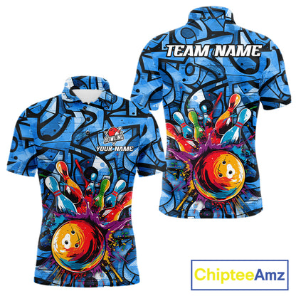 Blue Graffiti Women Bowling Polo Quarter Zip Shirt Custom Splash Bowling Team League Jerseys NYN4501