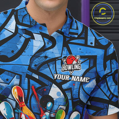 Blue Graffiti Women Bowling Polo Quarter Zip Shirt Custom Splash Bowling Team League Jerseys NYN4501