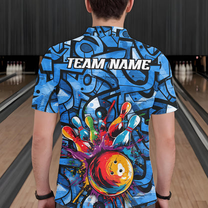 Blue Graffiti Women Bowling Polo Quarter Zip Shirt Custom Splash Bowling Team League Jerseys NYN4501