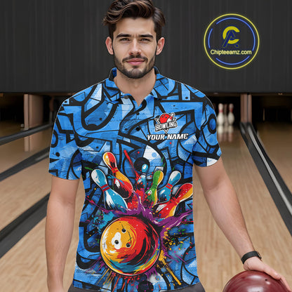 Blue Graffiti Women Bowling Polo Quarter Zip Shirt Custom Splash Bowling Team League Jerseys NYN4501