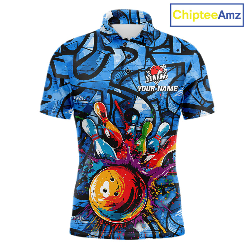 Blue Graffiti Women Bowling Polo Quarter Zip Shirt Custom Splash Bowling Team League Jerseys NYN4501