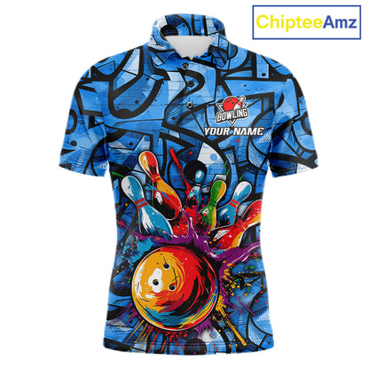 Blue Graffiti Women Bowling Polo Quarter Zip Shirt Custom Splash Bowling Team League Jerseys NYN4501