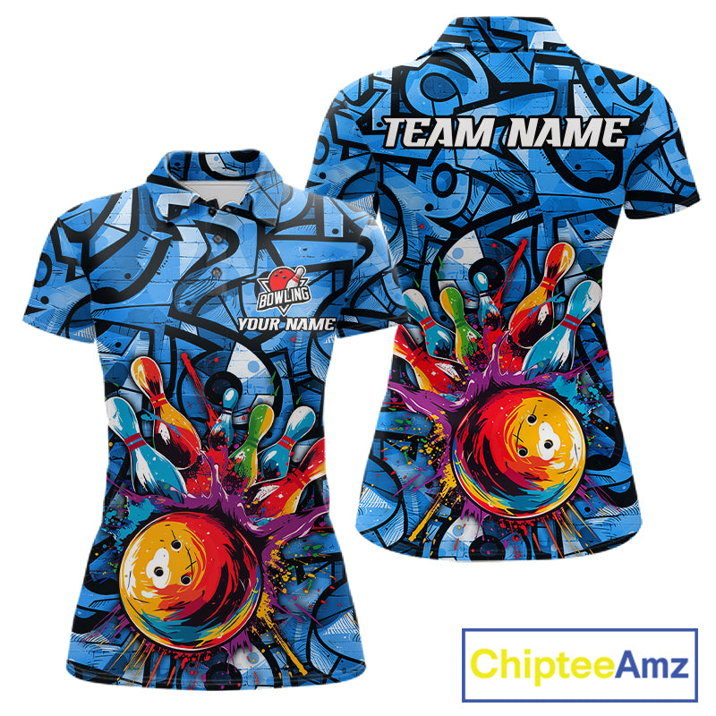Blue Graffiti Mens Bowling Polo Quarter Zip Shirt Custom Splash Bowling Team League Jerseys NYN4501