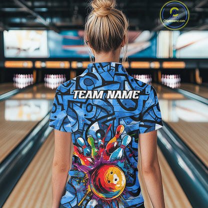 Blue Graffiti Mens Bowling Polo Quarter Zip Shirt Custom Splash Bowling Team League Jerseys NYN4501