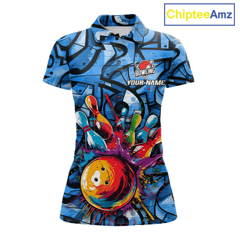 Blue Graffiti Mens Bowling Polo Quarter Zip Shirt Custom Splash Bowling Team League Jerseys NYN4501