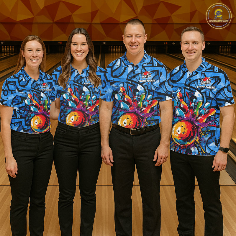 Blue Graffiti Mens Bowling Polo Quarter Zip Shirt Custom Splash Bowling Team League Jerseys NYN4501