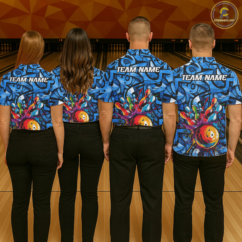 Blue Graffiti Mens Bowling Polo Quarter Zip Shirt Custom Splash Bowling Team League Jerseys NYN4501