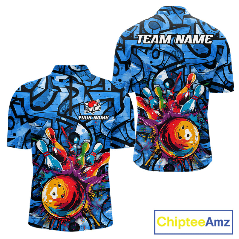 Blue Graffiti Women Bowling Polo Quarter Zip Shirt Custom Splash Bowling Team League Jerseys NYN4501