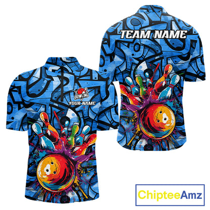 Blue Graffiti Women Bowling Polo Quarter Zip Shirt Custom Splash Bowling Team League Jerseys NYN4501