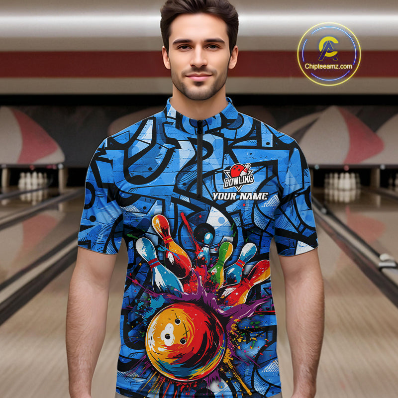 Blue Graffiti Women Bowling Polo Quarter Zip Shirt Custom Splash Bowling Team League Jerseys NYN4501
