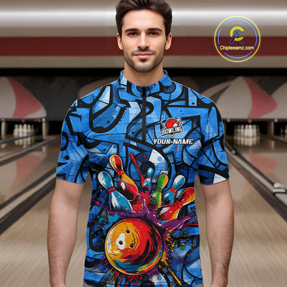 Blue Graffiti Women Bowling Polo Quarter Zip Shirt Custom Splash Bowling Team League Jerseys NYN4501