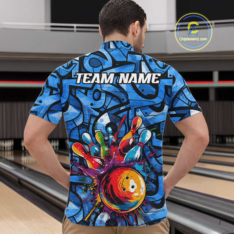 Blue Graffiti Women Bowling Polo Quarter Zip Shirt Custom Splash Bowling Team League Jerseys NYN4501