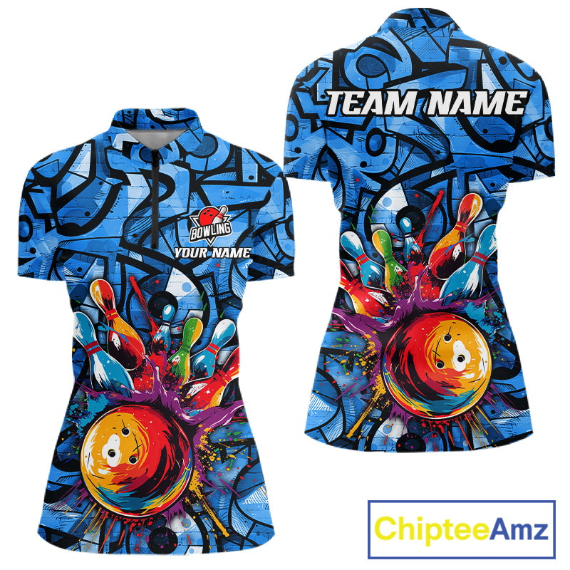 Blue Graffiti Mens Bowling Polo Quarter Zip Shirt Custom Splash Bowling Team League Jerseys NYN4501