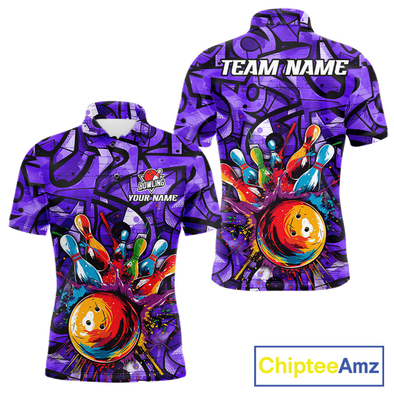 Purple Graffiti Women Bowling Polo Quarter Zip Shirt Custom Splash Bowling Team League Jerseys NYN4502