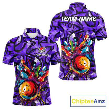 Purple Graffiti Women Bowling Polo Quarter Zip Shirt Custom Splash Bowling Team League Jerseys NYN4502