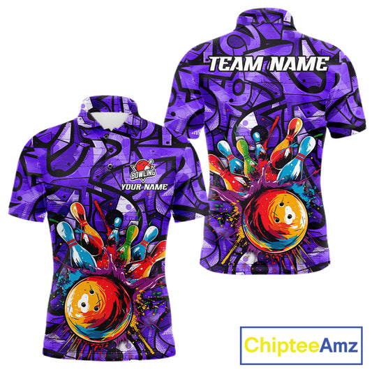 Purple Graffiti Women Bowling Polo Quarter Zip Shirt Custom Splash Bowling Team League Jerseys NYN4502