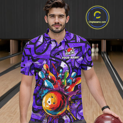 Purple Graffiti Women Bowling Polo Quarter Zip Shirt Custom Splash Bowling Team League Jerseys NYN4502