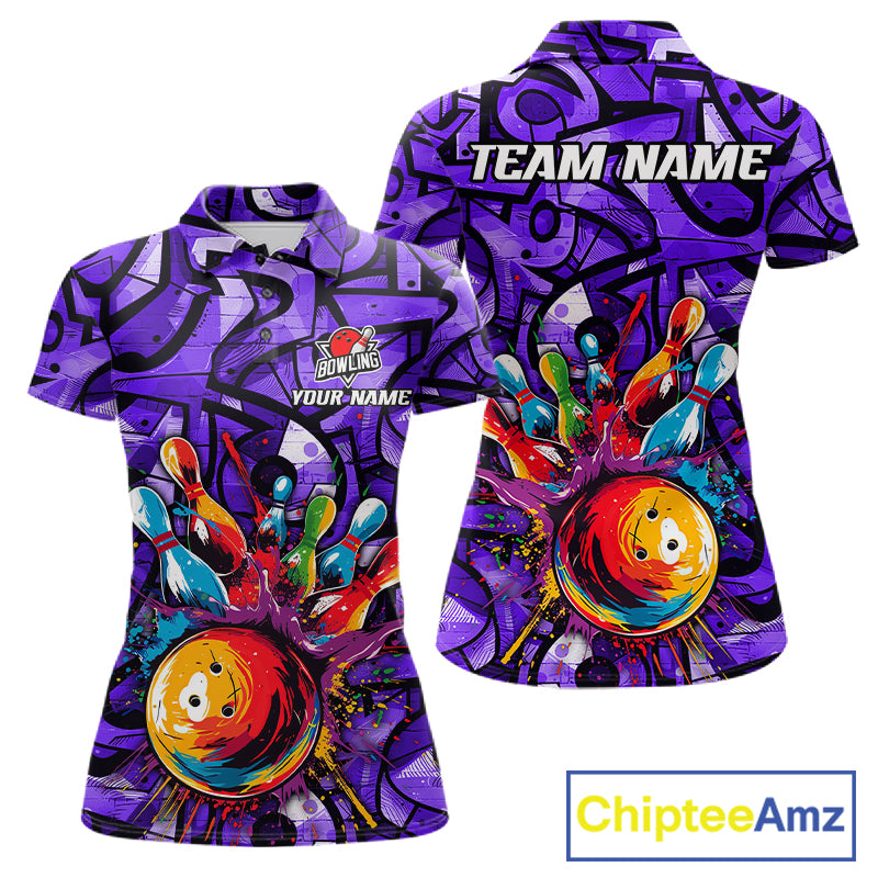 Purple Graffiti Mens Bowling Polo Quarter Zip Shirt Custom Splash Bowling Team League Jerseys NYN4502