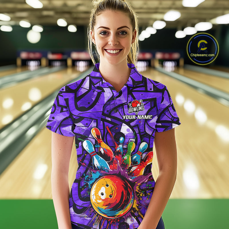 Purple Graffiti Mens Bowling Polo Quarter Zip Shirt Custom Splash Bowling Team League Jerseys NYN4502