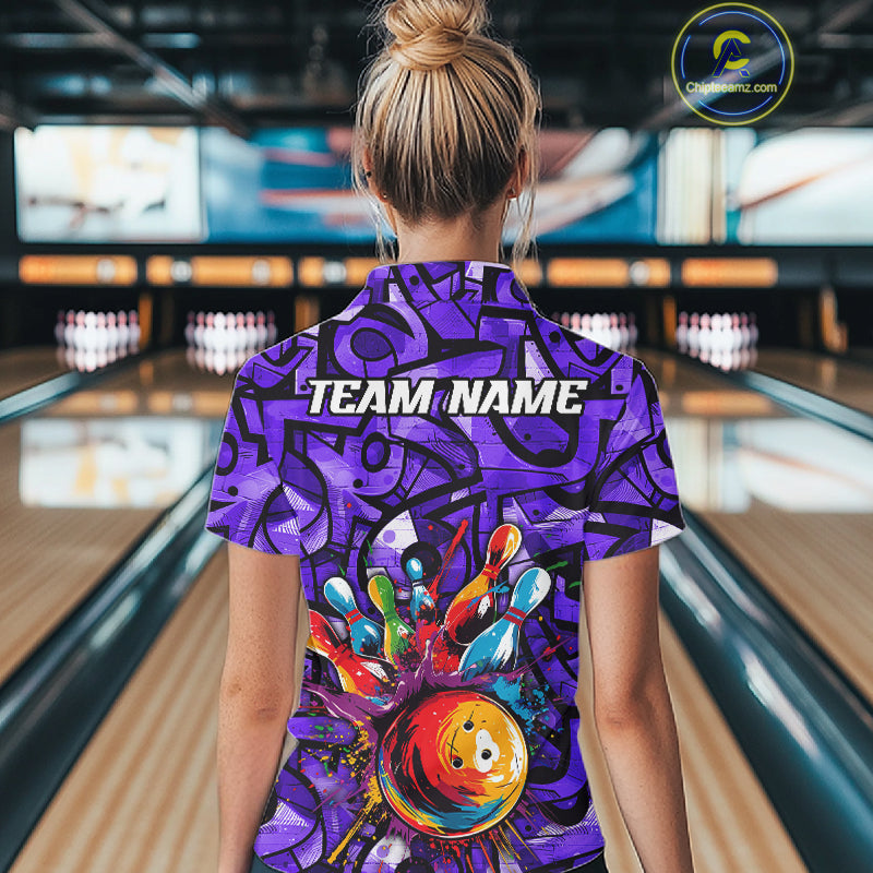 Purple Graffiti Mens Bowling Polo Quarter Zip Shirt Custom Splash Bowling Team League Jerseys NYN4502
