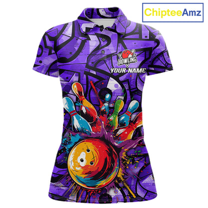 Purple Graffiti Mens Bowling Polo Quarter Zip Shirt Custom Splash Bowling Team League Jerseys NYN4502