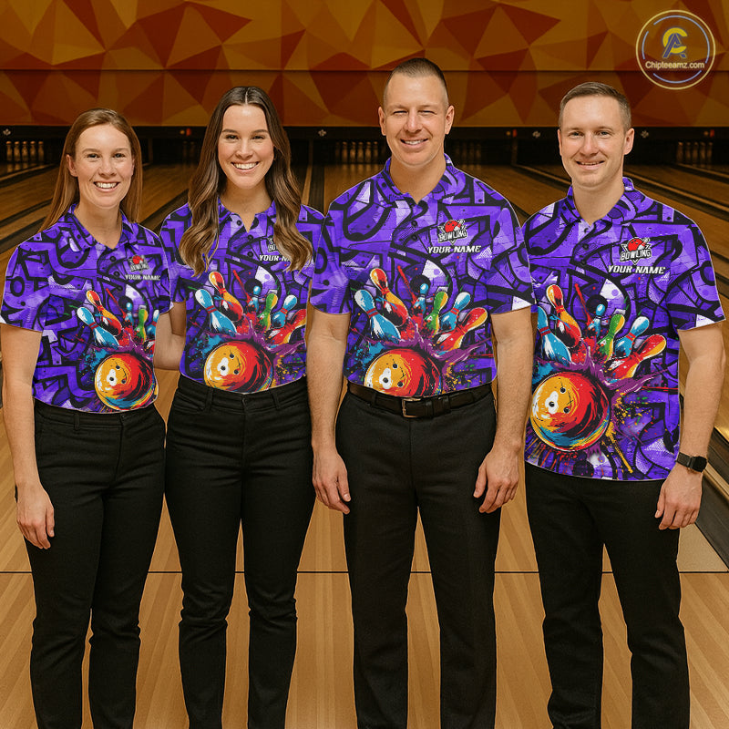 Purple Graffiti Mens Bowling Polo Quarter Zip Shirt Custom Splash Bowling Team League Jerseys NYN4502