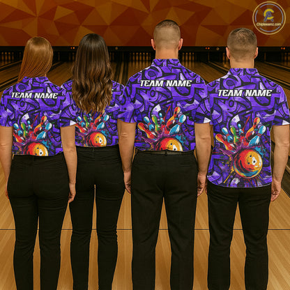 Purple Graffiti Mens Bowling Polo Quarter Zip Shirt Custom Splash Bowling Team League Jerseys NYN4502
