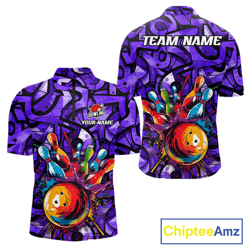 Purple Graffiti Women Bowling Polo Quarter Zip Shirt Custom Splash Bowling Team League Jerseys NYN4502