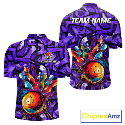 Purple Graffiti Women Bowling Polo Quarter Zip Shirt Custom Splash Bowling Team League Jerseys NYN4502