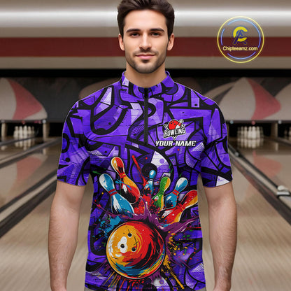 Purple Graffiti Women Bowling Polo Quarter Zip Shirt Custom Splash Bowling Team League Jerseys NYN4502