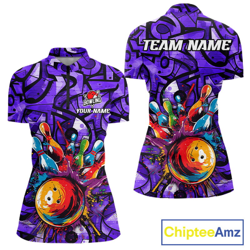 Purple Graffiti Mens Bowling Polo Quarter Zip Shirt Custom Splash Bowling Team League Jerseys NYN4502