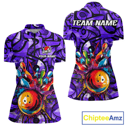 Purple Graffiti Mens Bowling Polo Quarter Zip Shirt Custom Splash Bowling Team League Jerseys NYN4502