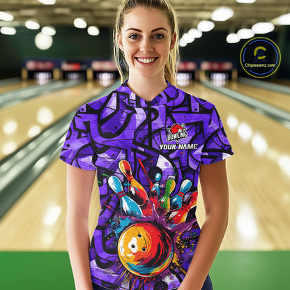 Purple Graffiti Mens Bowling Polo Quarter Zip Shirt Custom Splash Bowling Team League Jerseys NYN4502
