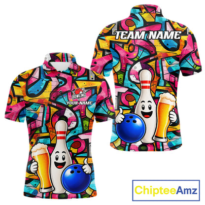 Colorful Graffiti Women Bowling Polo 1/4-Zip Shirt Custom Funny Beer Bowling Team League Jersey NYN4503