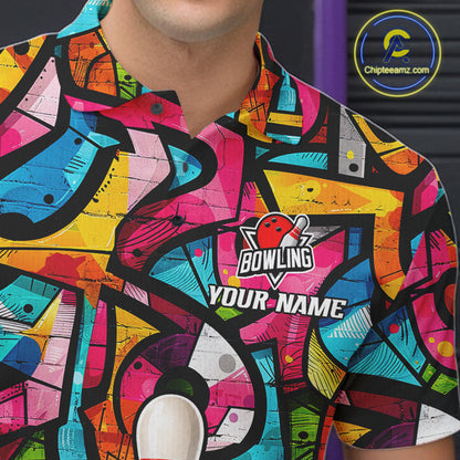 Colorful Graffiti Women Bowling Polo 1/4-Zip Shirt Custom Funny Beer Bowling Team League Jersey NYN4503