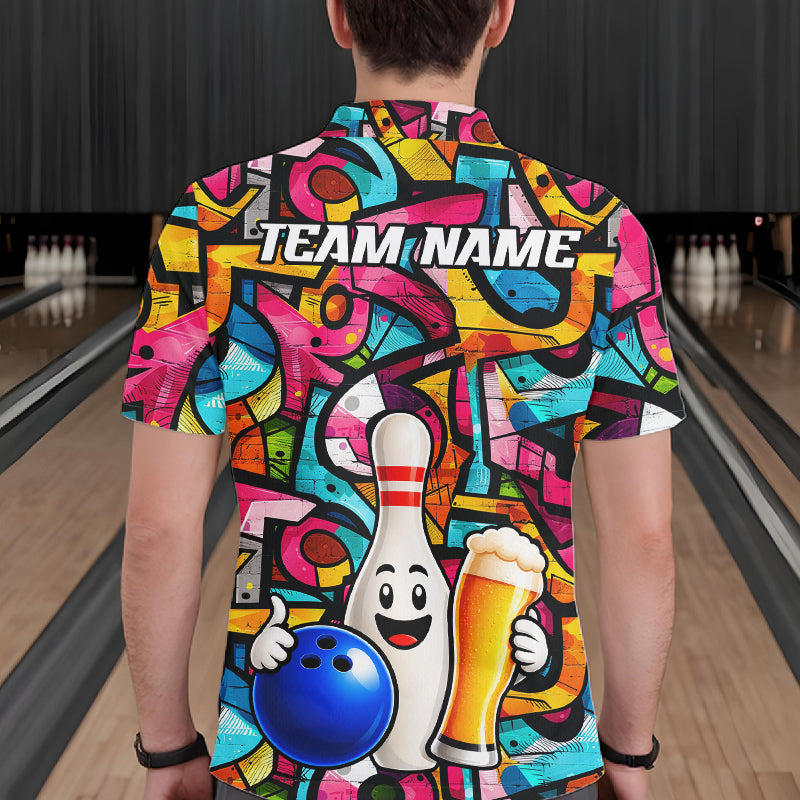 Colorful Graffiti Women Bowling Polo 1/4-Zip Shirt Custom Funny Beer Bowling Team League Jersey NYN4503