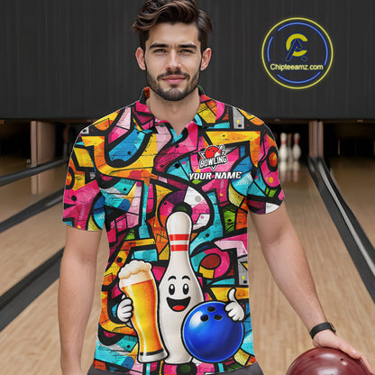 Colorful Graffiti Women Bowling Polo 1/4-Zip Shirt Custom Funny Beer Bowling Team League Jersey NYN4503