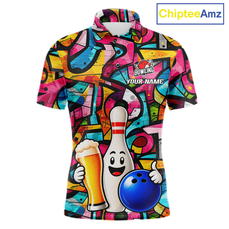 Colorful Graffiti Women Bowling Polo 1/4-Zip Shirt Custom Funny Beer Bowling Team League Jersey NYN4503