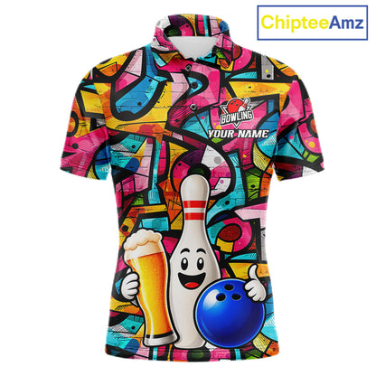 Colorful Graffiti Women Bowling Polo 1/4-Zip Shirt Custom Funny Beer Bowling Team League Jersey NYN4503